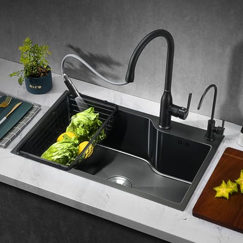 Neue schwarze Edelstahl-Küchenspüle, Drop-In-Nano-Küchenspülen-Set, Einzelbecken-Küchenspüle mit Korb, Seifenspender und Abtropffläche (Farbe: Schwarz, Größe: 81 x 43 cm) von ErWaad
