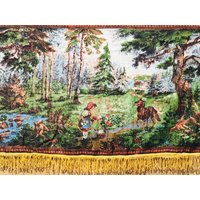 Seltener Vintage Teppich Aus Baumwolle, Gobelin Teppich, Wandteppich, Bettüberwurf, Rustikaler Rotkäppchen, Wolf von EraRetro