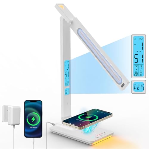 ErayLife LED Schreibtischlampe mit 10W Wireless Charger/Nachtlicht/Wecker/Kalender /5 Helligkeits/ 5 Farbtemperaturen Augenfreundliche Touch Control Tischlampe für Home Office, Weiß von ErayLife