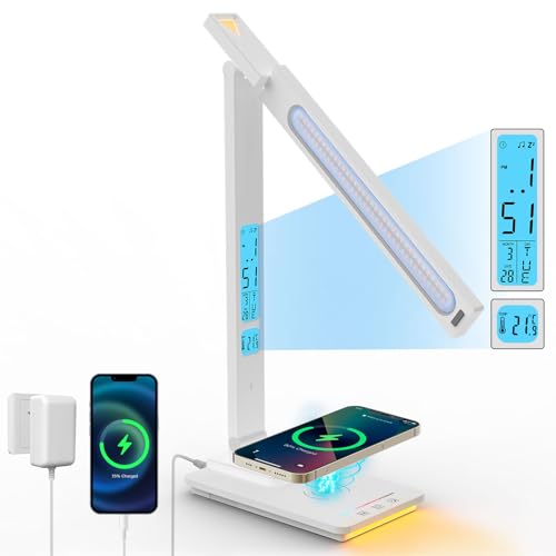 ErayLife LED Schreibtischlampe mit 10W Wireless Charger/ 5 Helligkeits/ 5 Farbtemperaturen/Kalender/Nachtlicht/Wecker Augenfreundliche Touch Control Tischlampe für Schlafzimmer Büro, Weiß von ErayLife