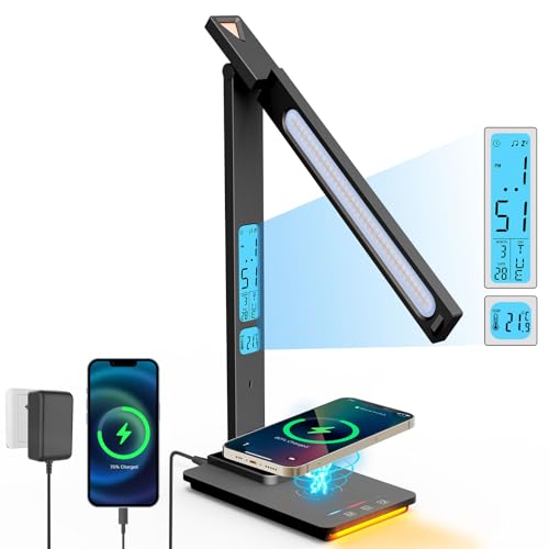 ErayLife LED Schreibtischlampe mit 10W Wireless Charger/ 5 Helligkeits/ 5 Farbtemperaturen/Kalender/Nachtlicht/Wecker Augenfreundliche Touch Control Tischlampe für Schlafzimmer Büro, Schwarz von ErayLife
