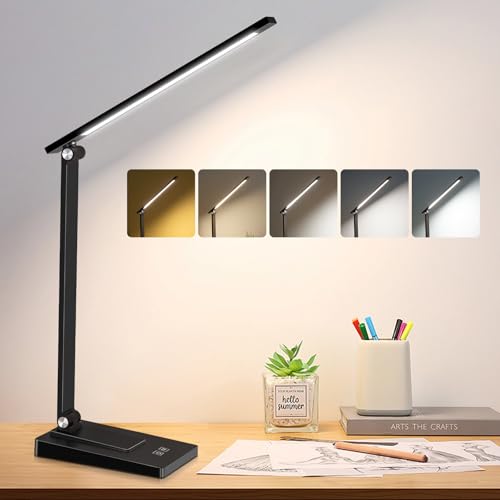Eraylife Schreibtischlampe LED Tischlampe Kabellos, 800LM 2600mAh Tischleuchte Aufladbar mit 5 Farben & 5 Helligkeitsstufen Dimmbar Nachttischlampe, Aluminium & USB Leselampe für Kinder, Büro, Schwarz von ErayLife