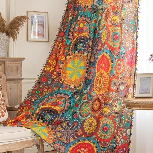 Erbnaryx Boho-Vorhänge, geometrische Lichtfilterung, halbverdunkelnd, Fenstervorhänge, 183 cm, lange Stangentaschen, Vorhänge für Wohnzimmer, 2 Paneele, bunt gepunktet von Erbnaryx