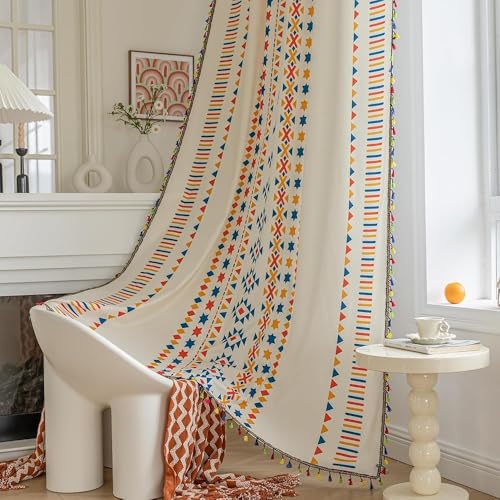 Erbnaryx Boho-Vorhänge, geometrische Lichtfilterung, halbverdunkelnd, Fenstervorhänge, 250 cm lang, Stangentaschenvorhänge für Wohnzimmer, 2 Paneele, beige Sterne von Erbnaryx