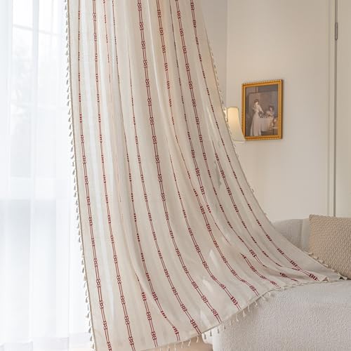 Erbnaryx Boho Vorhänge bestickt für Wohnzimmer Schlafzimmer 1 Panel B 59 x L 102 cm Beige Stangentasche, gestreift Bauernhaus Chic strukturiert, Vintage Handgemachte Quasten Landhausdekor Draperie von Erbnaryx