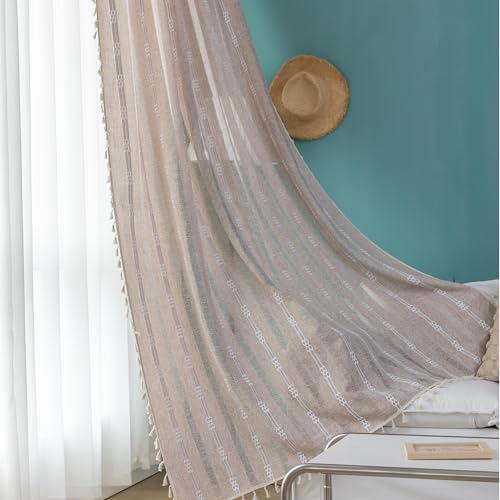 Erbnaryx Boho Vorhänge bestickt für Wohnzimmer Schlafzimmer 1 Panel B 59 x L 84 Khaki Stangentasche, gestreift Bauernhaus Chic strukturiert, Vintage handgefertigte Quasten Landhausdekor Draperie von Erbnaryx