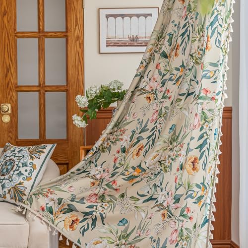 Erbnaryx Boho-Vorhänge mit Blumenmuster, französisches Landhaus-Design, 250 cm lang, lichtfilternd, Fensterstangen, Taschen, Vorhänge für Wohnzimmer, 2 Paneele, grünes Blumenmuster von Erbnaryx