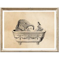 Poster Wandkunst Vintage Print Elefant Badet Collage Lexikon Wanddekoration Heißluftballon Ballon Original Erbsenbeetdesign von Erbsenbeetdesign