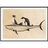 Vintage Print Pinguine Und Hai Surfing Penguins Collage Poster Lexikon Wanddekoration Hund von Erbsenbeetdesign