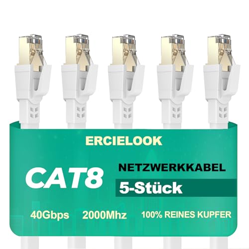 Ercielook Lan Kabel 0,15m-5 Stück - Hochgeschwindigkeits-Cat8-Netzwerkkabel für den Außen- und Innenbereich, 40 Gbit/s mit vergoldetem RJ45-Stecker, wetterfest, UV-beständig für Router/Gaming/Modem von Ercielook