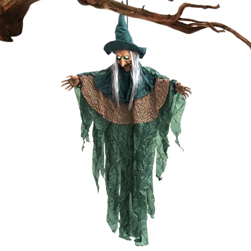 Erconsso Halloween Hexe,Lebensgroße Sprechende Hexe Zum Aufhängen - Mit Soundaktivierung Und Leuchtenden Augen - Gespenstische Deko Für Terrasse, Garten, Vorgarten Und Gruselpartys von Erconsso
