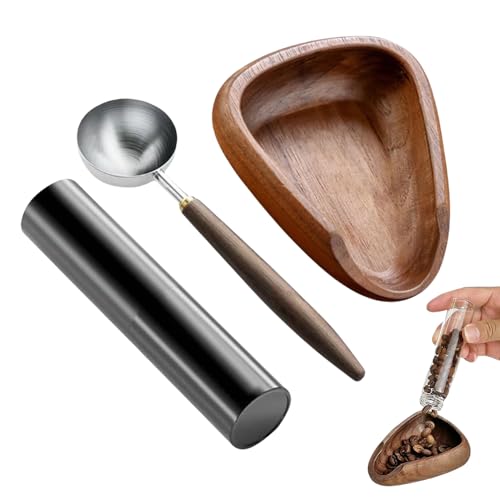 Erconsso Kaffeebohnen Messbecher, Kaffee Dosierbecher Holz Tablett, Präzises Getränke Brühwerkzeug mit Löffel für Restaurant Zuhause Anfänger Profis von Erconsso