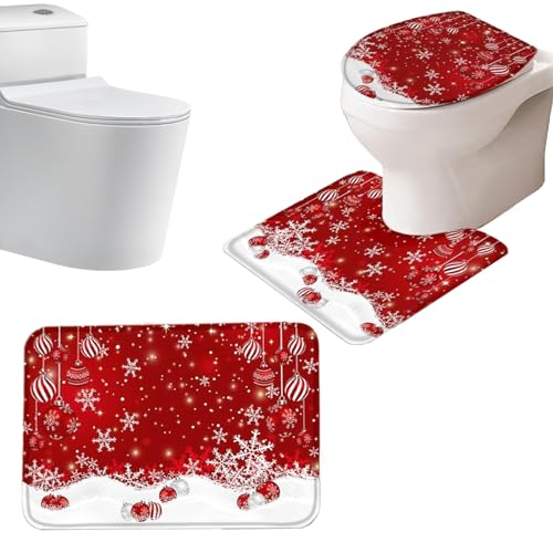 Erconsso Weihnachts Badezimmer Teppich Set | Toilettensitzbezug Weihnachtsmatte - rutschfeste Bodenmatten Für Haus Wohnung Hotel Hostel Ferienhaus Winterurlaub von Erconsso