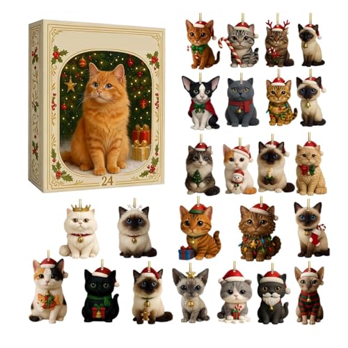 Katzen-Adventskalender 2025, 24 Tage Weihnachten 2D Acryl Katze Advent Ornamente Dekorativer Countdown-Kalender für Tierliebhaber, Sammler, Kinder und Erwachsene von Erconsso