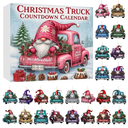 Weihnachtsmann-Auto-Adventskalender 2025, 24 Tage Weihnachts-Countdown-Kalender mit 2D-Acryl- -Autoanhänger, Weihnachtsschmuck für Hof, Party, Fenster, Mantel, Schlafzimmer, Baumtür von Erconsso