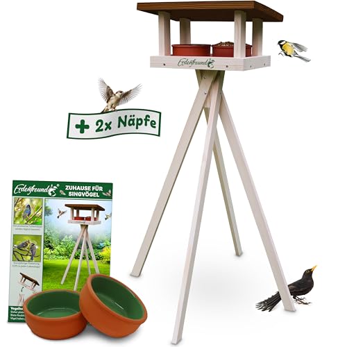 ERDENFREUND® Vogelhaus mit Ständer wetterfest +2 Näpfe Futterhaus für Vögel mit Rundumblick räubersicher Vogelfutterhaus 1,20m fertig montiert (Vogelhaus stehend +2er Wasser-/Futternapf hygienisch) von Erdenfreund