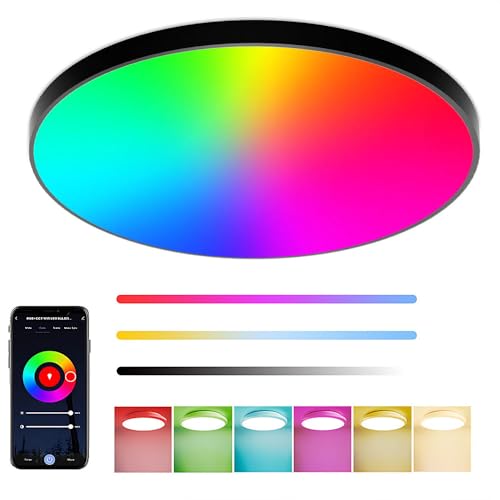 Eregou RGB Deckenlampe Led Deckenleuchte Dimmbar 24W, 2400LM Smart Leuchte Steuerbar via App Alexa Google Assistant, IP44 Badlampe, Nachtlicht für Schlafzimmer Wohnzimmer, Schwarz von Eregou