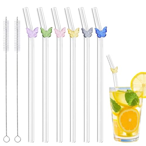 6 Stück Glasstrohhalme mit 2 Reinigungsbürsten, süße bunte Schmetterlings-Glasstrohhalme, bruchsicher, wiederverwendbare Strohhalme für Kaffeeliebhaber, Milchshake, Saft, ästhetisches Geschenk von Eremaoy