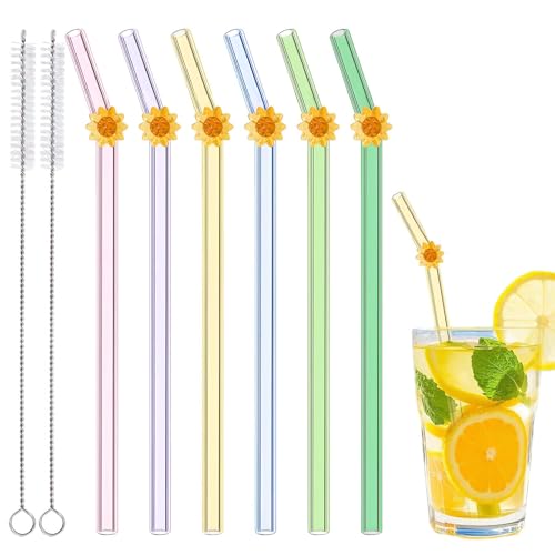 6 Stück Glasstrohhalme mit 2 Reinigungsbürsten, süße bunte Sonnenblumen-Glasstrohhalme, bruchsicher, wiederverwendbare Strohhalme für Kaffeeliebhaber, Smoothies, Saft, Sonnenblumengeschenk von Eremaoy
