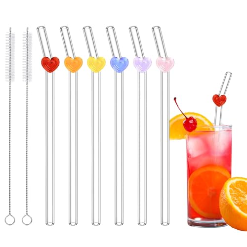 6 Stück Glasstrohhalme mit 2 Reinigungsbürsten, süße bunte herzförmige gebogene Glasstrohhalme, bruchsicher, wiederverwendbarer Liebesstrohhalm-Charm für Kaffeeliebhaber, Saft, Sommerfest von Eremaoy