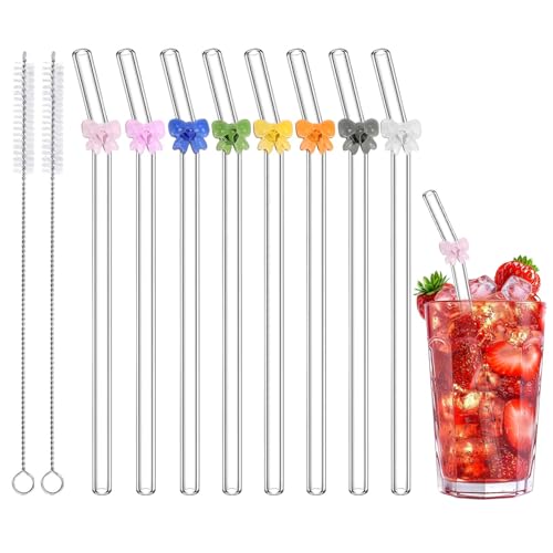 8 Stück Glasstrohhalme mit 2 Reinigungsbürsten, süße bunte Glasstrohhalme mit Schleife, bruchsicher, wiederverwendbare Strohhalme für Kaffeeliebhaber, Saft, ästhetisches Geschenk, Sommerfest von Eremaoy