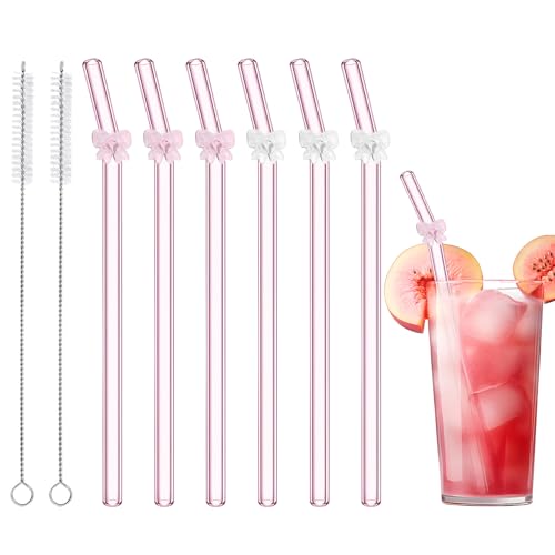 Glasstrohhalme mit 2 Reinigungsbürsten, niedliche rosa Schleife, bruchfest, wiederverwendbar, spülmaschinenfest für Kaffeeliebhaber, Milchshake, Smoothies, Saft, ästhetisches Geschenk (Rosa) von Eremaoy