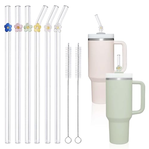 Glasstrohhalme mit 2 Reinigungsbürsten für Stanley 1,2 l / 850 ml Becher, niedliche Blumen-Glasstrohhalme mit Charms, Stanley-Trinkhalm-Ersatz, Stanley-Becherzubehör, 6 Stück von Eremaoy