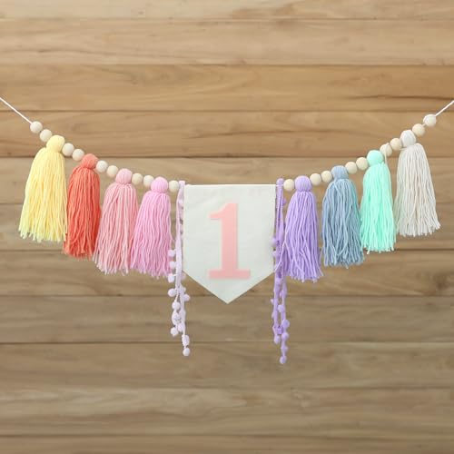 Ereniko Boho Macaron Handmade Extended 1st Birthday High Chair Banner Wild One First Highchair Banner for Baby Girls Wood Bead Tassel Garland 1 Birthday Party Decorations Photo Props 6 von Ereniko