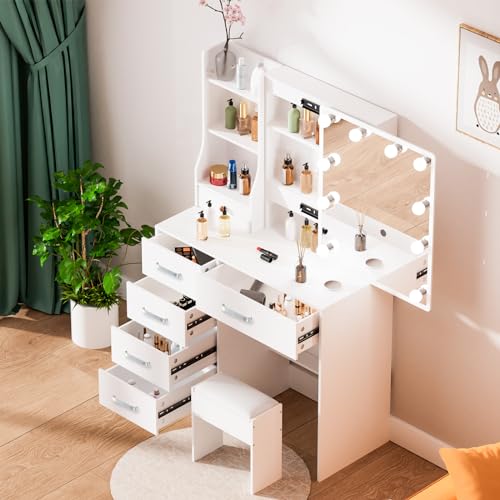 Ereousa Schminktisch mit Beleuchtung, Einstellbarer Helligkeit, Schminktisch mit Schiebespiegel, Kosmetiktisch mit 6 Schubladen und 6 Regalen, Frisiertisch mit Hocker Weiß H072602,36x80x131cm Ereousa Schminktisch mit Beleuchtung, Einstellbarer Helligkeit, Schminktisch mit Schiebespiegel, Kosmetiktisch mit 6 Schubladen und 6 Regalen, Frisiertisch mit Hocker Weiß H072602,36x80x131cm von Ereousa