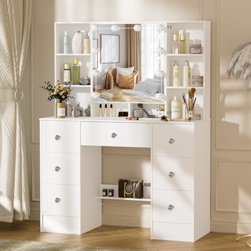 Ereousa Schminktisch mit Spiegel, Große Frisiertisch mit Dimmbarer Beleuchtung & Videoanleitung, Kosmetiktisch mit 7 Schubladen und 6 Regalen, Weiß, 40 × 100 × 140 cm, H190512 Ereousa Schminktisch mit Spiegel, Große Frisiertisch mit Dimmbarer Beleuchtung & Videoanleitung, Kosmetiktisch mit 7 Schubladen und 6 Regalen, Weiß, 40 × 100 × 140 cm, H190512 von Ereousa