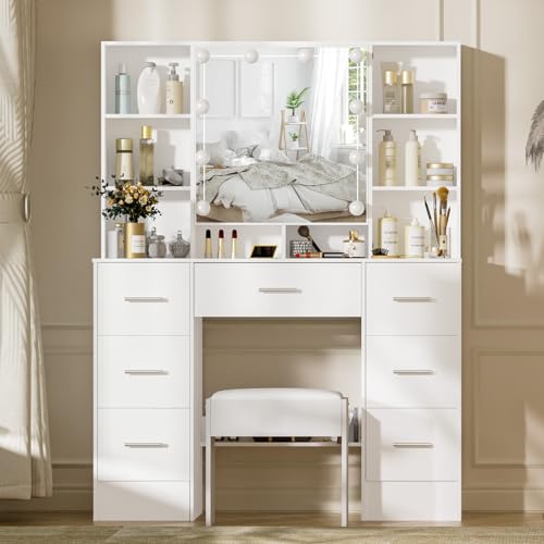 Ereousa Schminktisch mit Spiegel und Hocker, Große Frisiertisch mit Dimmbarer Beleuchtung & Videoanleitung, Kosmetiktisch mit 7 Schubladen und 6 Regalen, Weiß, 40 × 100 × 140 cm, H520512 Ereousa Schminktisch mit Spiegel und Hocker, Große Frisiertisch mit Dimmbarer Beleuchtung & Videoanleitung, Kosmetiktisch mit 7 Schubladen und 6 Regalen, Weiß, 40 × 100 × 140 cm, H520512 von Ereousa
