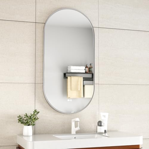 Erfu Badezimmerspiegel, oval, 50 x 100 cm, Luxus – Anti-Beschlag-Heizung, dimmbare LED-Beleuchtung, einstellbare Temperatur, Touchscreen (Gunmetal-Grau) von Erfu