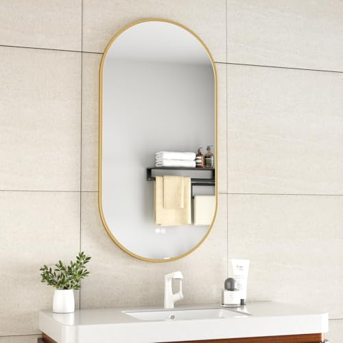 Erfu Badezimmerspiegel, oval, 50 x 100 cm, Luxus – Anti-Beschlag-Heizung, dimmbare LED-Beleuchtung, einstellbare Temperatur, Touchscreen (gebürstetes Kupfer) von Erfu