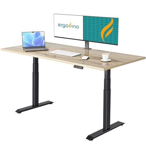 Ergofino höhenverstellbarer Schreibtisch 180x80 cm, elektrisch Schreibtisch mit GS-Zertifiziert, 2 Motoren, 3-Fach Teleskop, 3 Memoryfunktion, Gestell Schwarz inkl. Asteiche Tischplatte von Ergofino