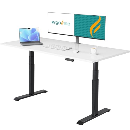 Ergofino höhenverstellbarer Schreibtisch 180x80 cm, elektrisch Schreibtisch mit GS-Zertifiziert, 2 Motoren, 3-Fach Teleskop, 3 Memoryfunktion, Gestell Schwarz inkl. Weiß Tischplatte von Ergofino