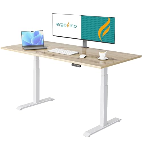 Ergofino höhenverstellbarer Schreibtisch 180x80 cm, elektrisch Schreibtisch mit GS-Zertifiziert, 2 Motoren, 3-Fach Teleskop, 3 Memoryfunktion, Gestell Weiß inkl. Asteiche Tischplatte von Ergofino
