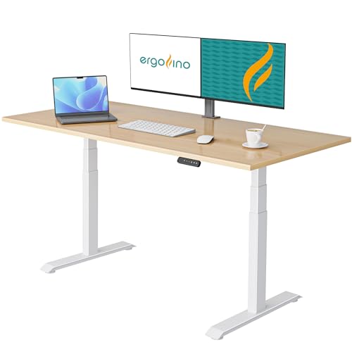 Ergofino höhenverstellbarer Schreibtisch 180x80 cm, elektrisch Schreibtisch mit GS-Zertifiziert, 2 Motoren, 3-Fach Teleskop, 3 Memoryfunktion, Gestell Weiß inkl. Buche Tischplatte von Ergofino