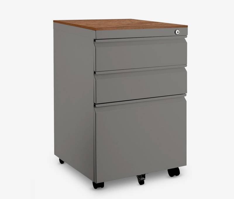 Ergolutions Rollcontainer Metall mit Holzblende, 5 Jahre Garantie / mit Schloss / 3 große Fächer / Gleitlagerschienen von Ergolutions