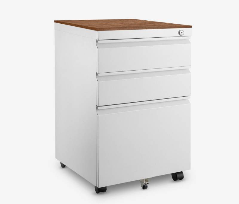 Ergolutions Rollcontainer Metall mit Holzblende, 5 Jahre Garantie / mit Schloss / 3 große Fächer / Gleitlagerschienen von Ergolutions