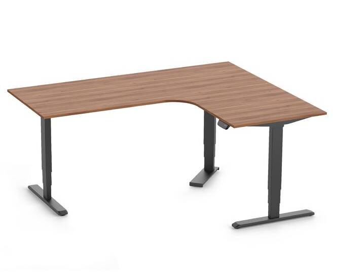 PRIMUS Eckschreibtisch, Gestell Schwarz, Tischplatte 2000/800 x 1600/800 x 25 mm Nussbaum von Ergolutions