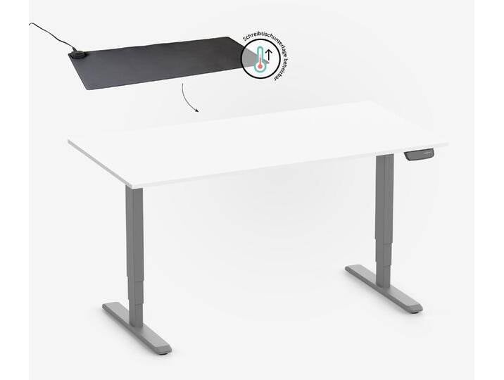 PRIMUS Rechteckschreibtisch, Gestell Grau, Tischplatte 1800 x 800 x 19 mm Topweiß + Beheizbare Schreibtischunterlage von Ergolutions