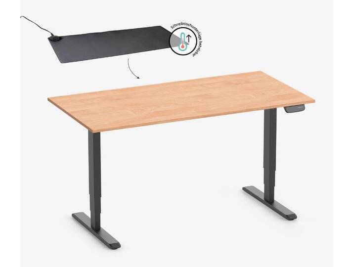 PRIMUS Rechteckschreibtisch, Gestell Schwarz, Tischplatte 1400 x 800 x 19 mm Buche + Beheizbare Schreibtischunterlage von Ergolutions