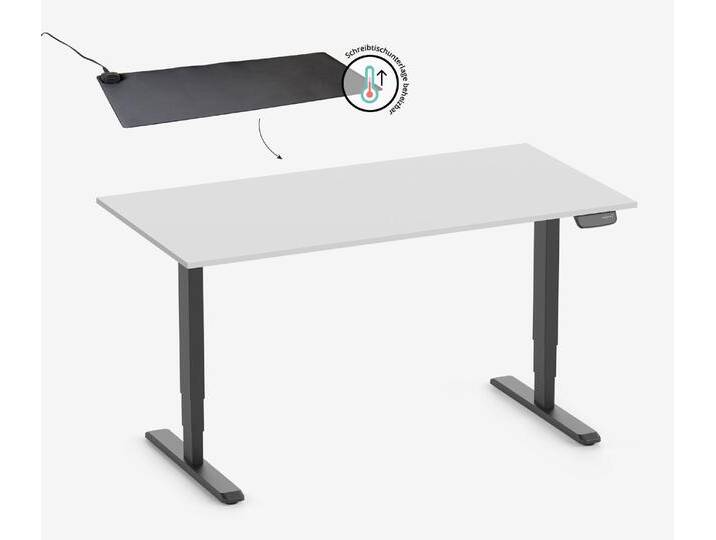 PRIMUS Rechteckschreibtisch, Gestell Schwarz, Tischplatte 1400 x 800 x 19 mm Lichtgrau + Beheizbare Schreibtischunterlage von Ergolutions