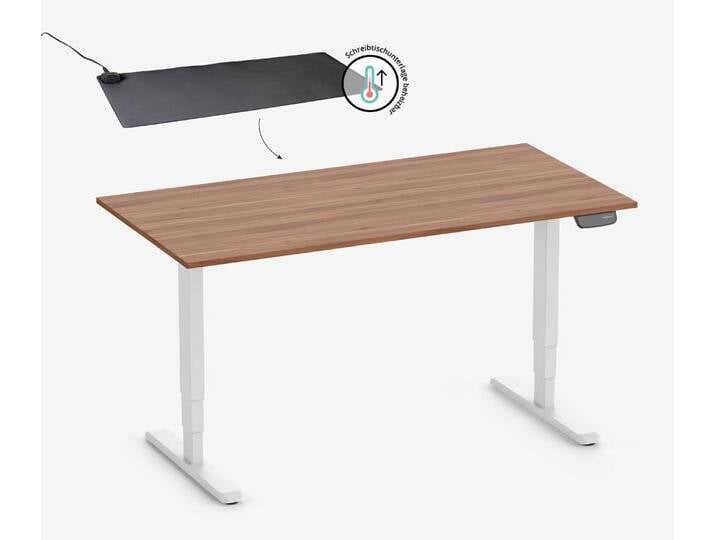 PRIMUS Rechteckschreibtisch, Gestell Weiß, Tischplatte 1200 x 700 x 25 mm Nussbaum + Beheizbare Schreibtischunterlage von Ergolutions