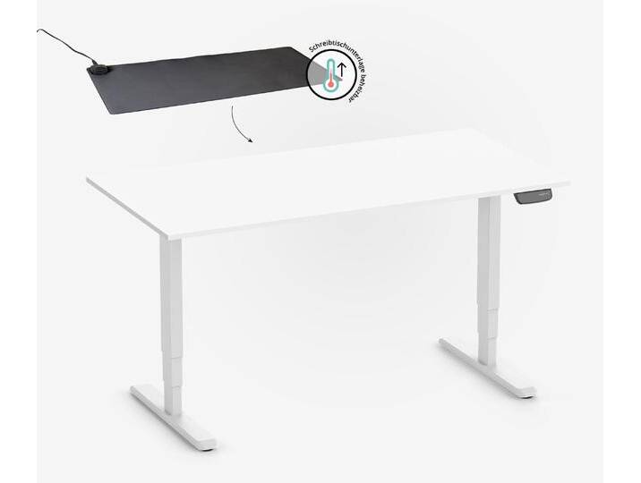 PRIMUS Rechteckschreibtisch, Gestell Weiß, Tischplatte 1400 x 800 x 19 mm Topweiß + Beheizbare Schreibtischunterlage von Ergolutions