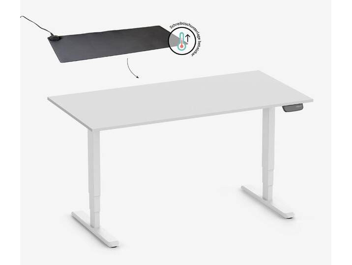 PRIMUS Rechteckschreibtisch, Gestell Weiß, Tischplatte 1400 x 800 x 25 mm Lichtgrau + Beheizbare Schreibtischunterlage von Ergolutions