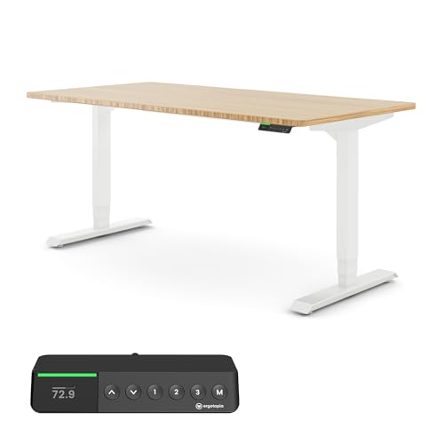 Ergotopia® Desktopia Pro X Elektrisch höhenverstellbarer Schreibtisch 7 Jahre Garantie Ergonomischer Stehtisch mit 9 Speicherplätzen (Bambus, Gestell Weiß, 160 x 80 cm) von Ergotopia