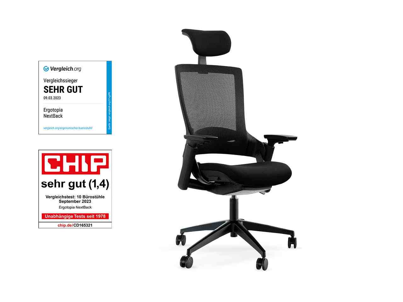 Ergotopia® NextBack ergonomischer Bürostuhl / Schreibtischstuhl inkl. verstellbarer Sitzfläche, Lordosenstütze, Armlehnen & Kopfstütze für dynamisch-gesundes Sitzen von Ergotopia
