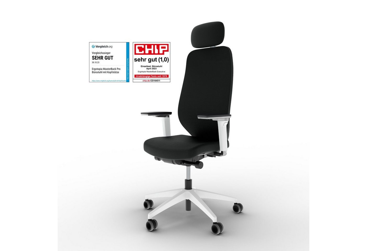 Ergotopia Bürostuhl MasterBack ergonomischer Schreibtischstuhl mit Kopfstütze, 5D Armlehnen, 3D Neigungsmechanik, Synchronmechanik von Ergotopia