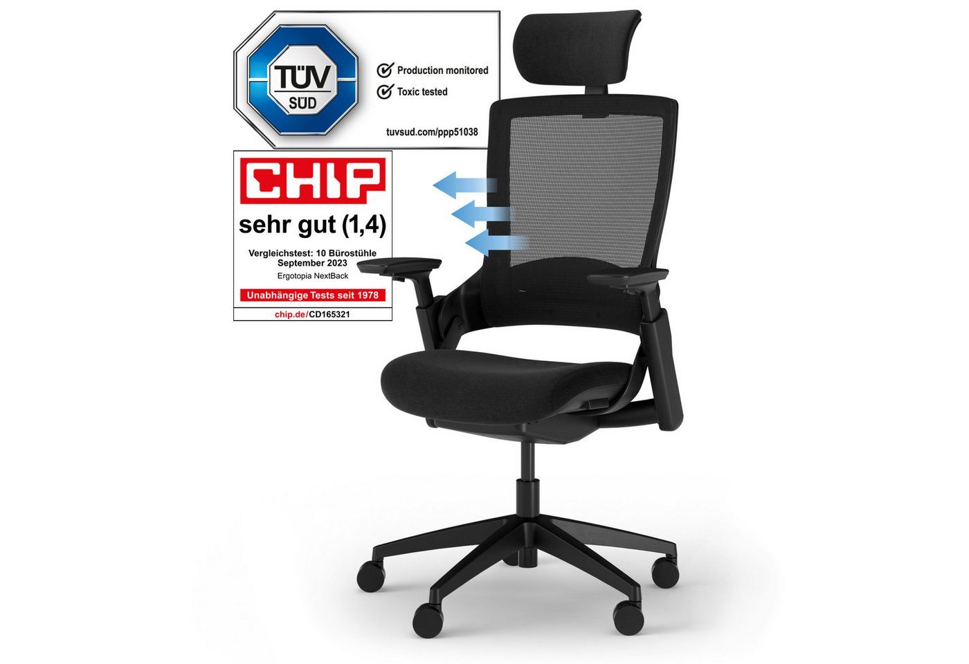Ergotopia Bürostuhl ergonomischer Schreibtischstuhl NextBack, Drehstuhl mit 3D Armlehnen & verstellbarer Kopfstütze von Ergotopia